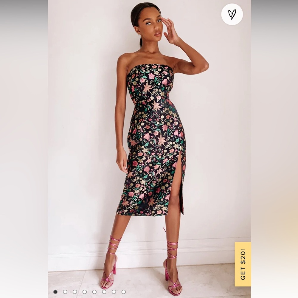 Lulus strapless black satin floral jacquard dress